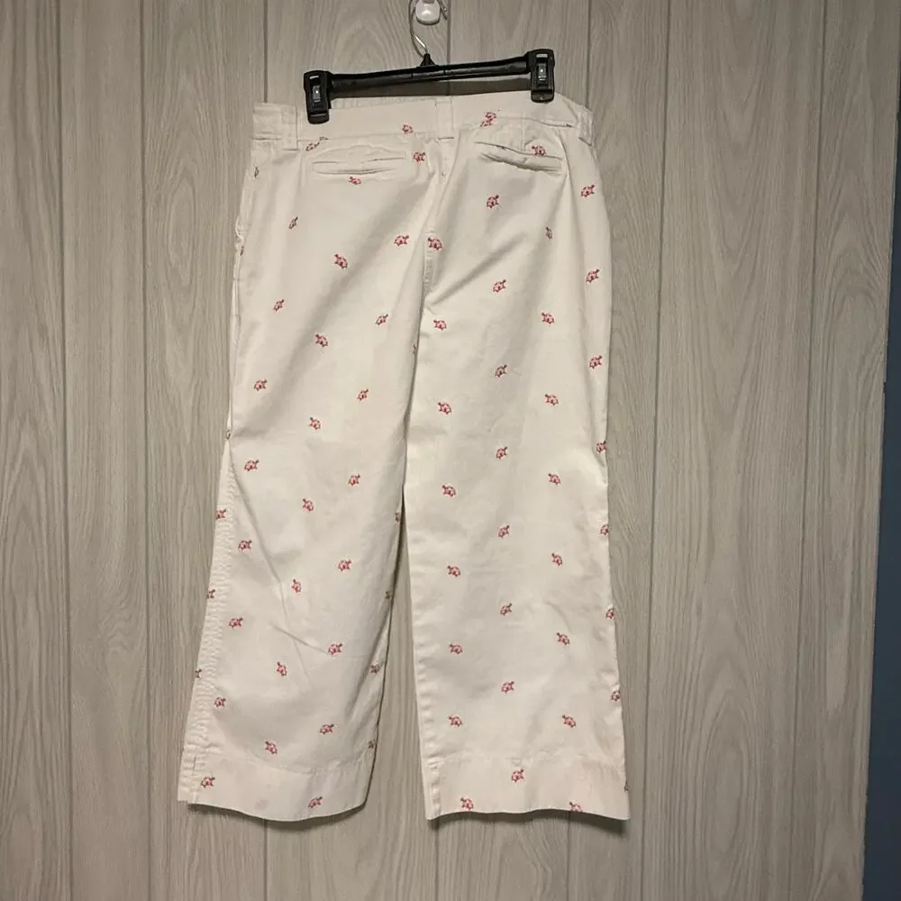 Women’s J Crew Favorite Fit White Crop Pants w embroidered pink turtles. Sz 12 - Picture 2 of 4